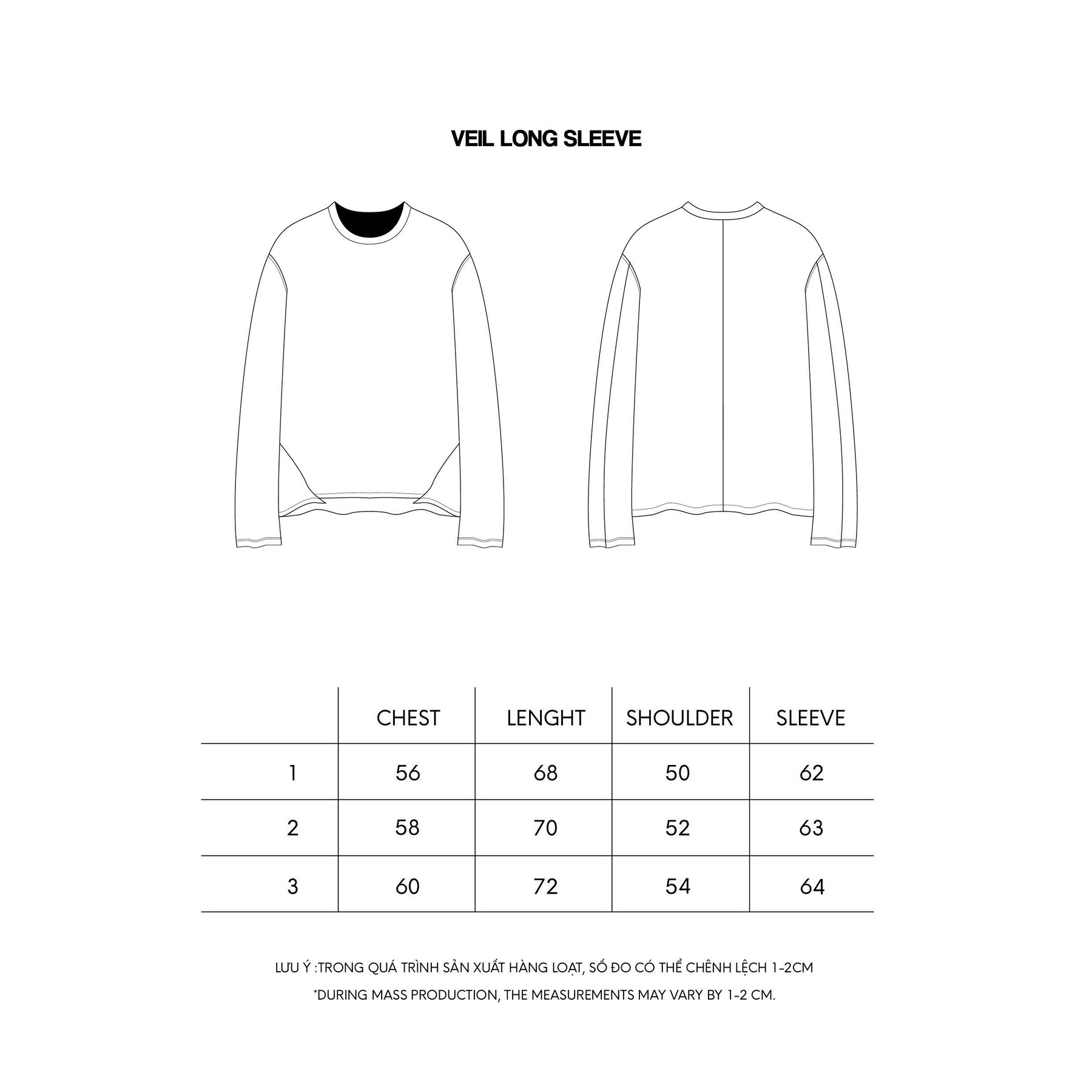VEIL LONG SLEEVE size chart