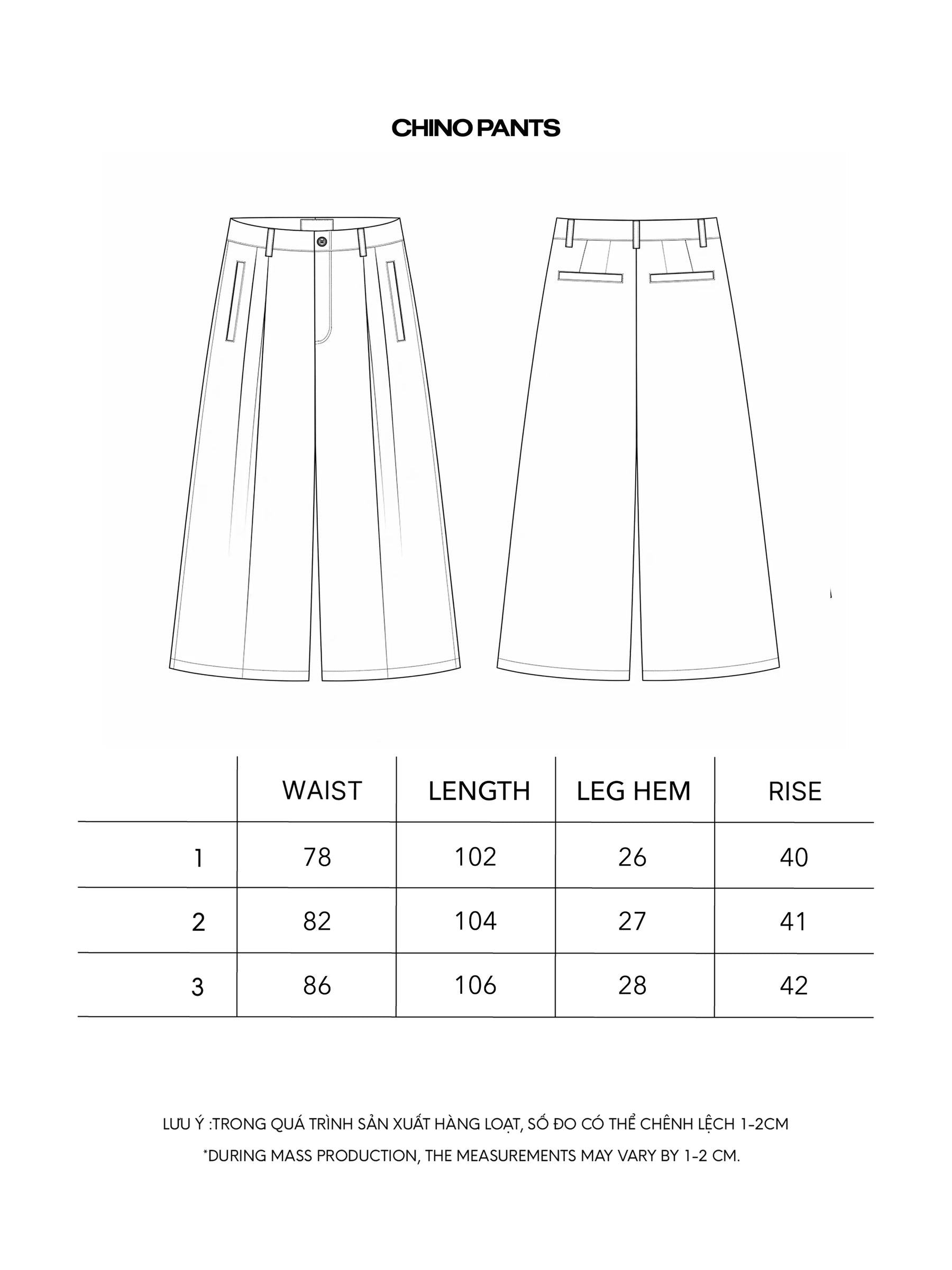 CHINO PANTS size chart