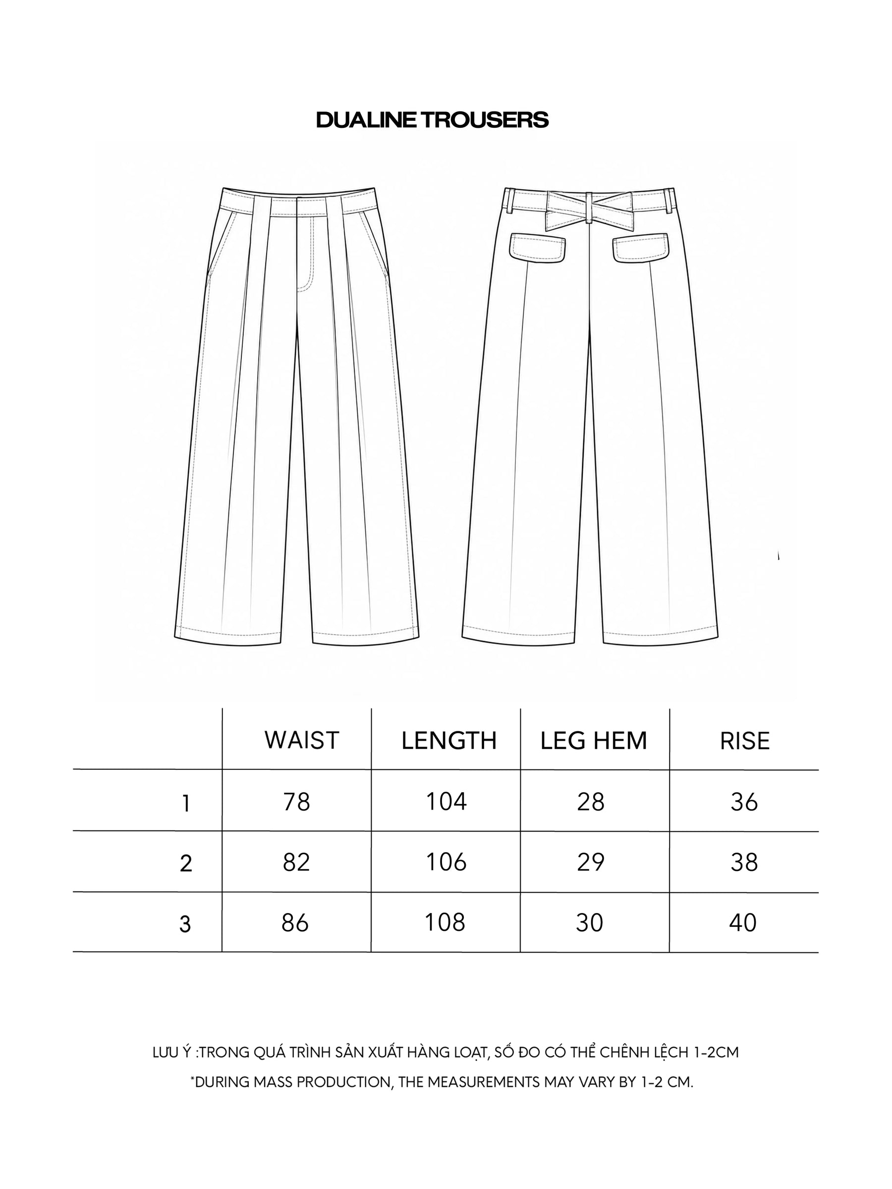 DUALINE TROUSERS size chart