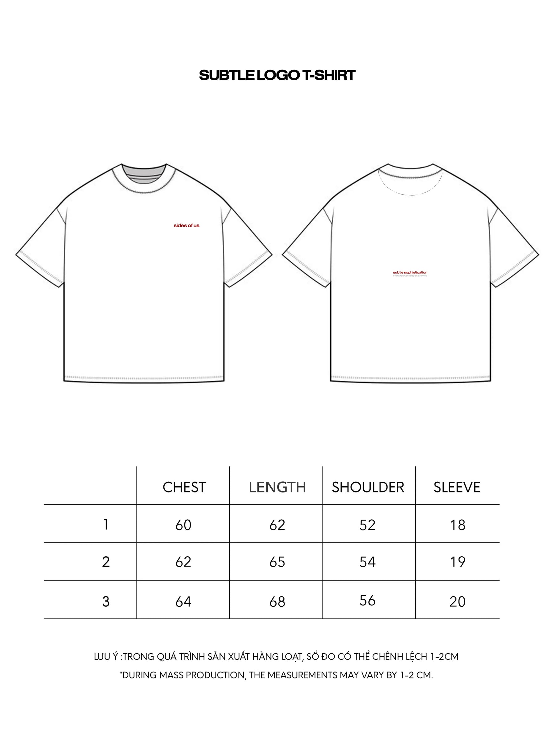 SUBTLE LOGO T-SHIRT size chart