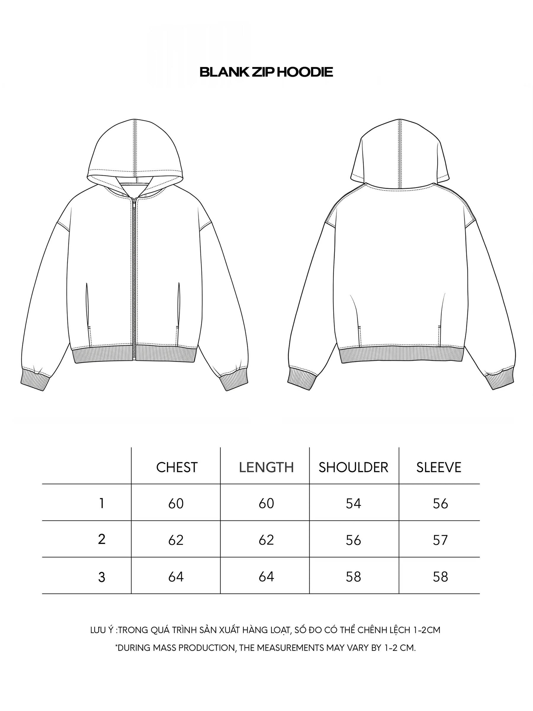 BLANK HOODIE size chart
