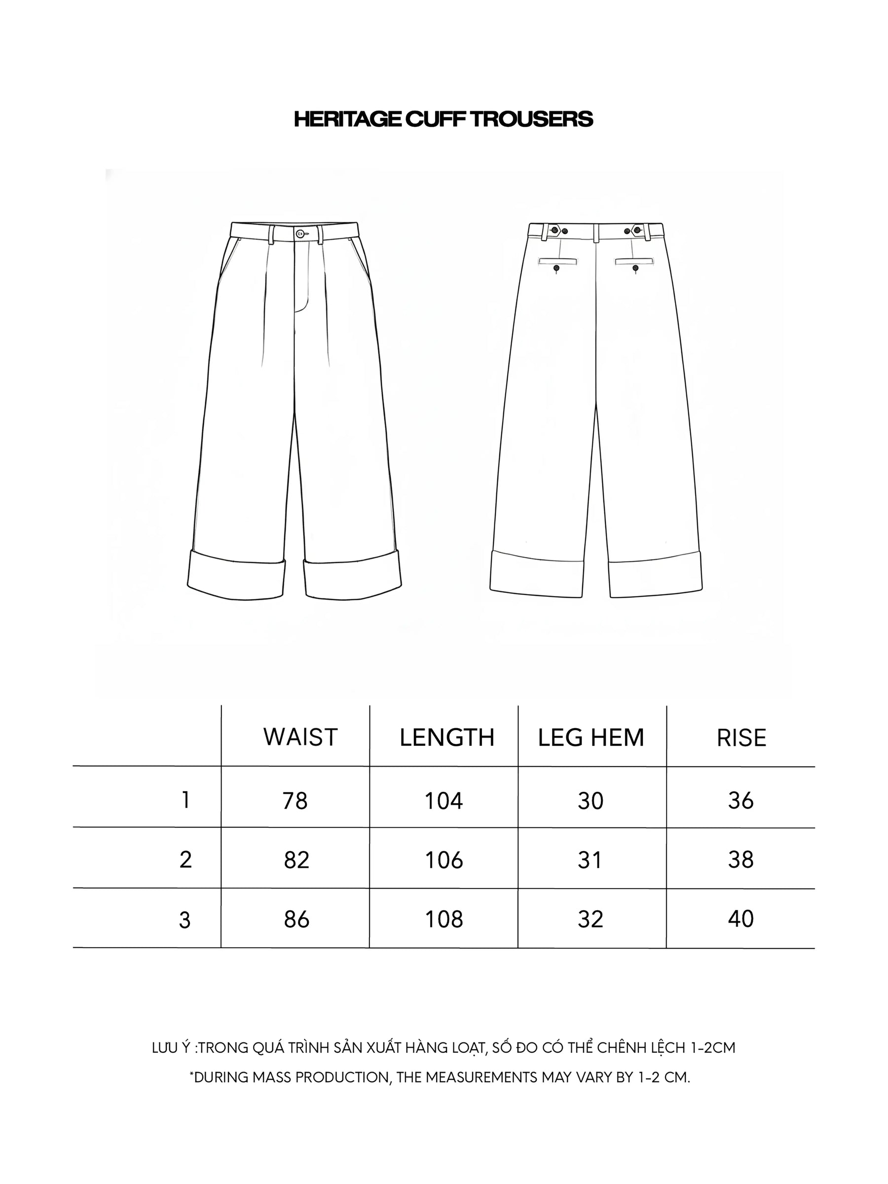 HERITAGE CUFF TROUSERS size chart