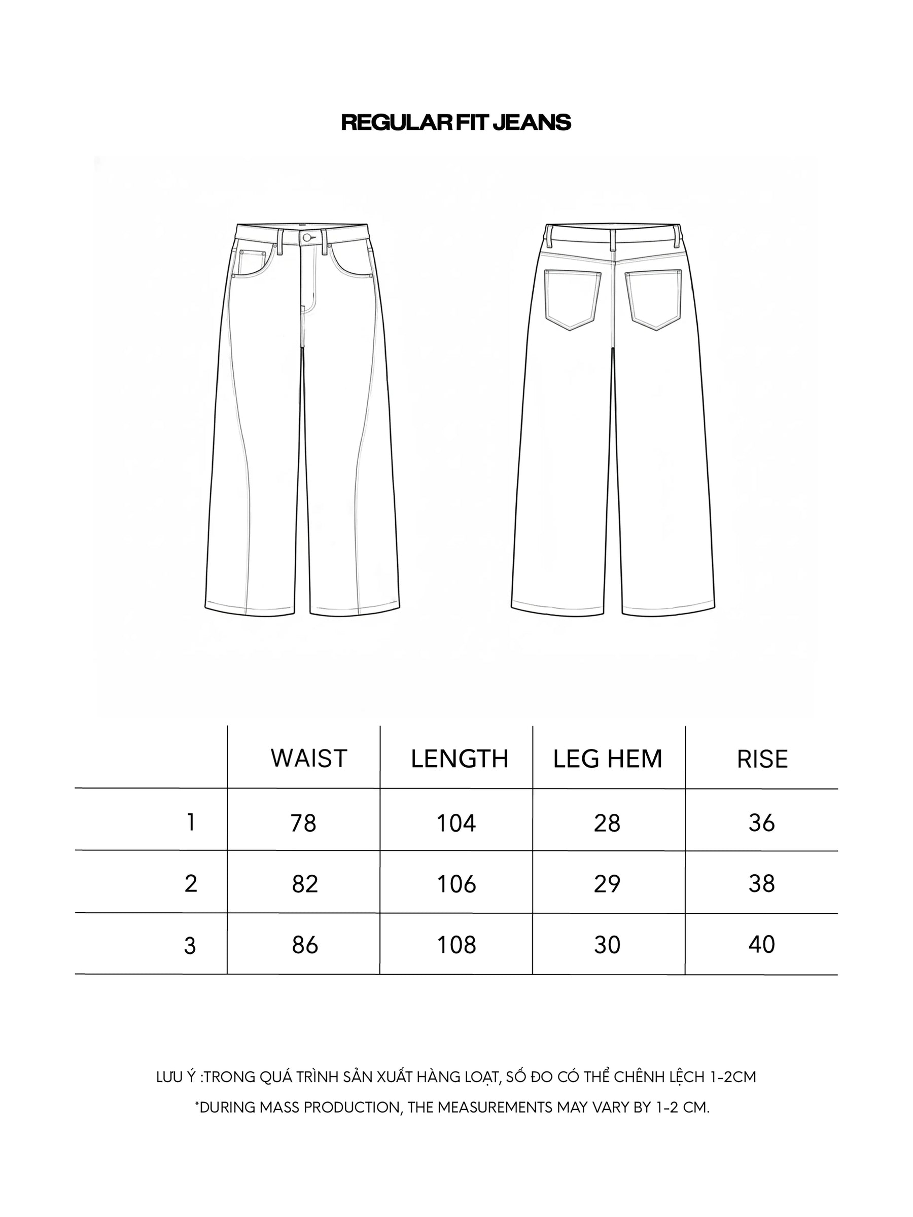 REGULAR FIT JEANS size chart