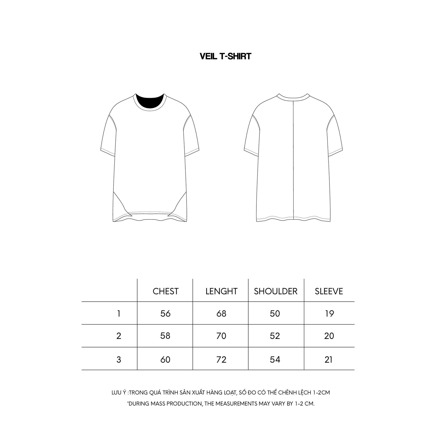 VEIL T-SHIRT size chart